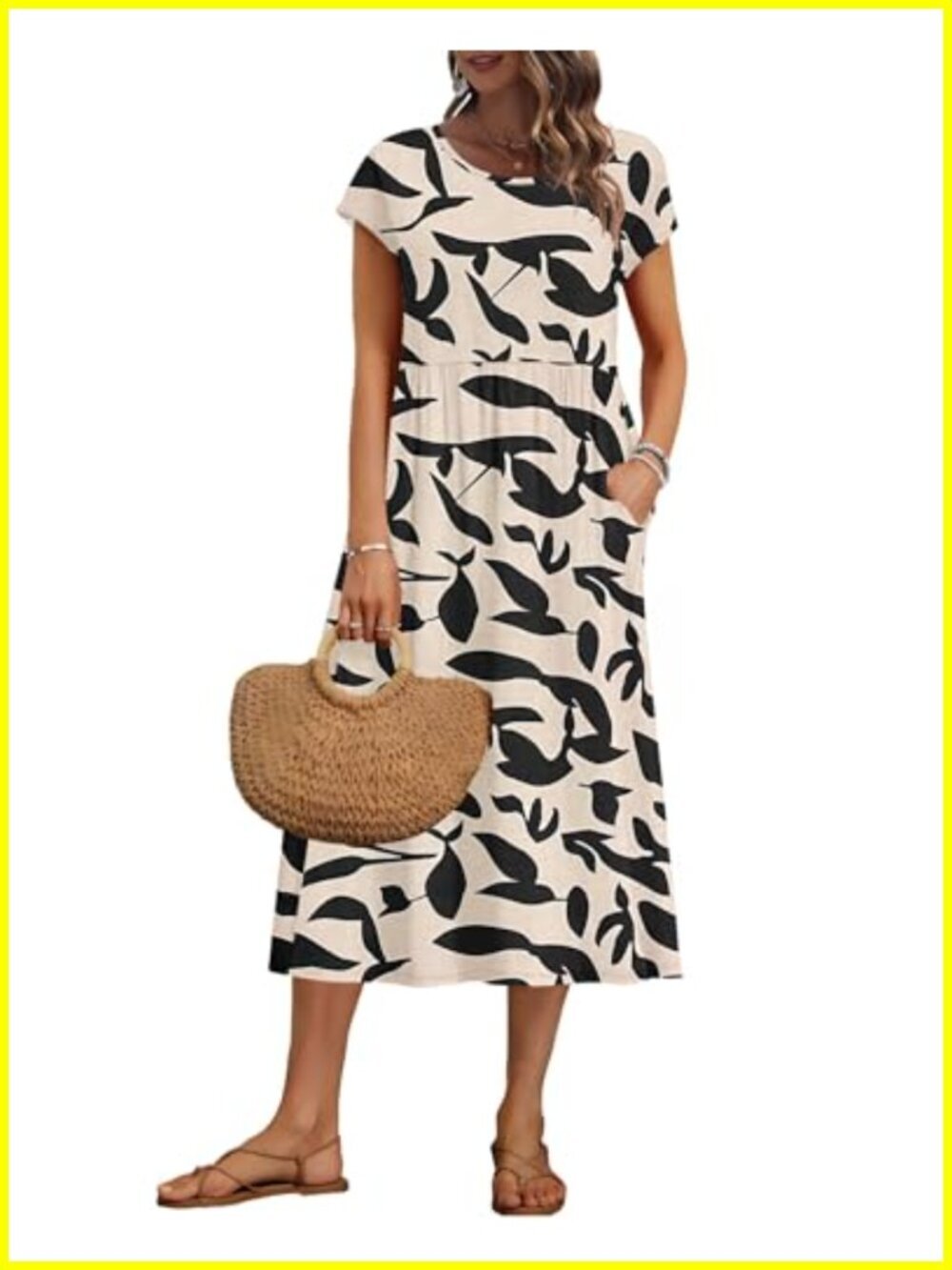 Women's Midi Dress with Pockets, Short Sleeve Loose Summer Dress